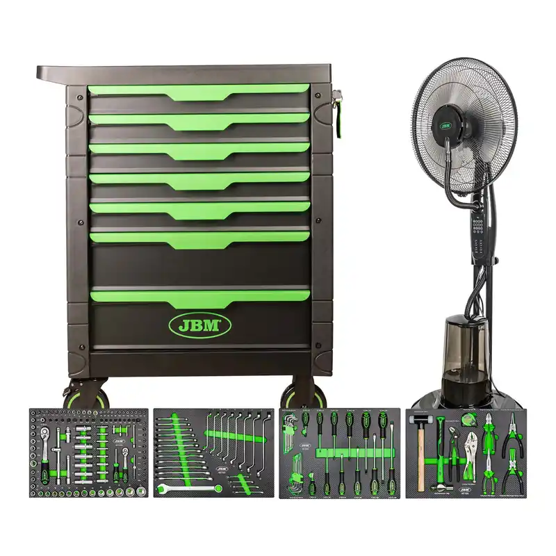 Sonderangebot CARRELLO A 7 CASSETTI - VERDE JBM 54389 ATTREZZATO CON 172 UTENSILI + VENTILATORE NEBULIZZATORE SERIE574