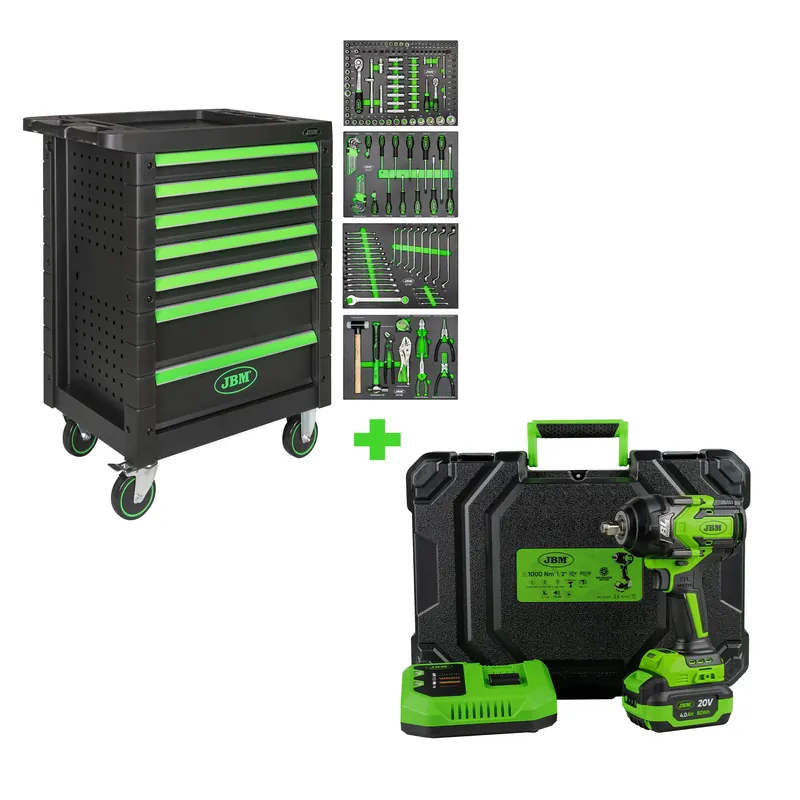 CARRELLO PORTAUTENSILI 53904 A 7 CASSETTI COMPLETO DI UTENSILI + PISTOLA A IMPATTO 60051 1/2" 1000NM JBM Preisknaller