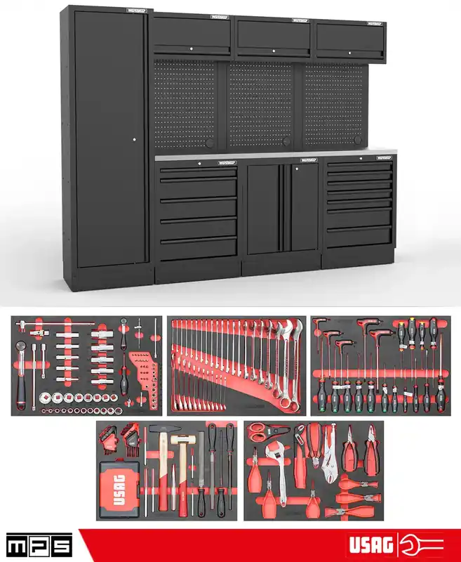 Arredo Officina Workshopitaly MPS 12 inox 2,64mt. Total Black + set 267 utensili Usag PRO Top-Seller