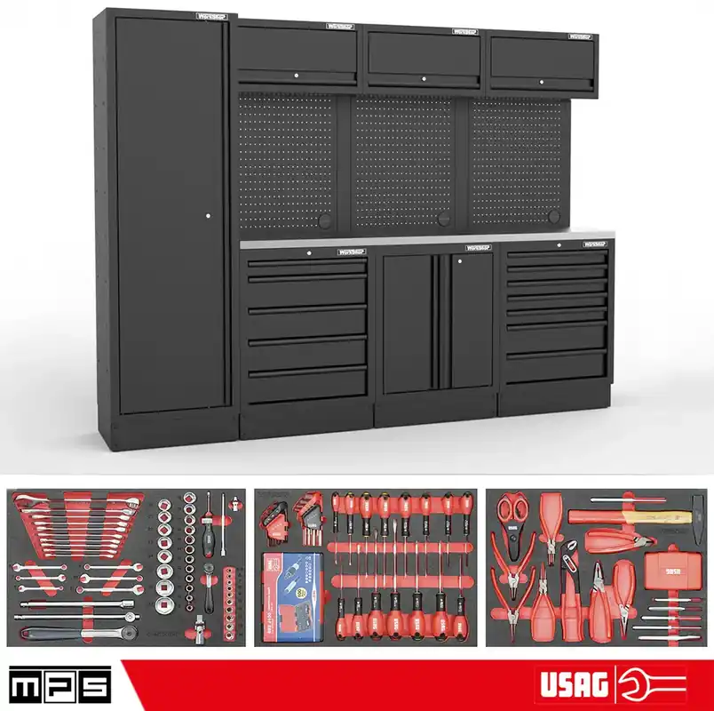 Kracherpreis Arredo Officina Workshopitaly MPS 12 inox 2,64mt. Total Black + set 254 utensili Usag