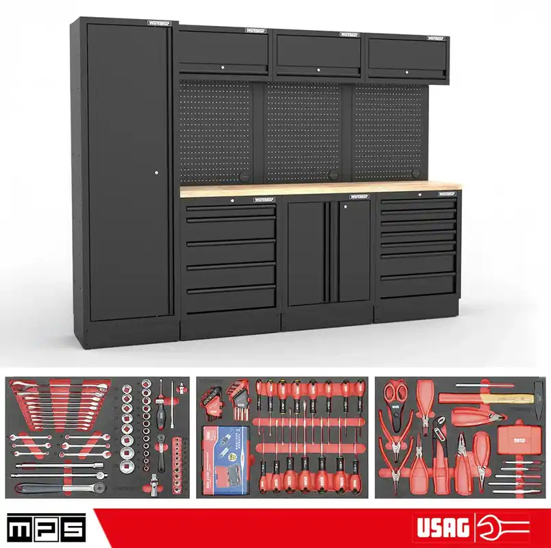 Arredo Officina Workshopitaly MPS 12 legno 2,64mt. Total Black + set 254 utensili Usag Echt