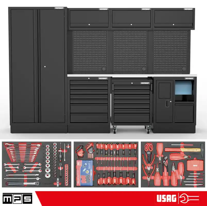 Arredo Officina Workshopitaly MPS 05 inox 3mt. Total Black + set 254 utensili Usag Preisknaller