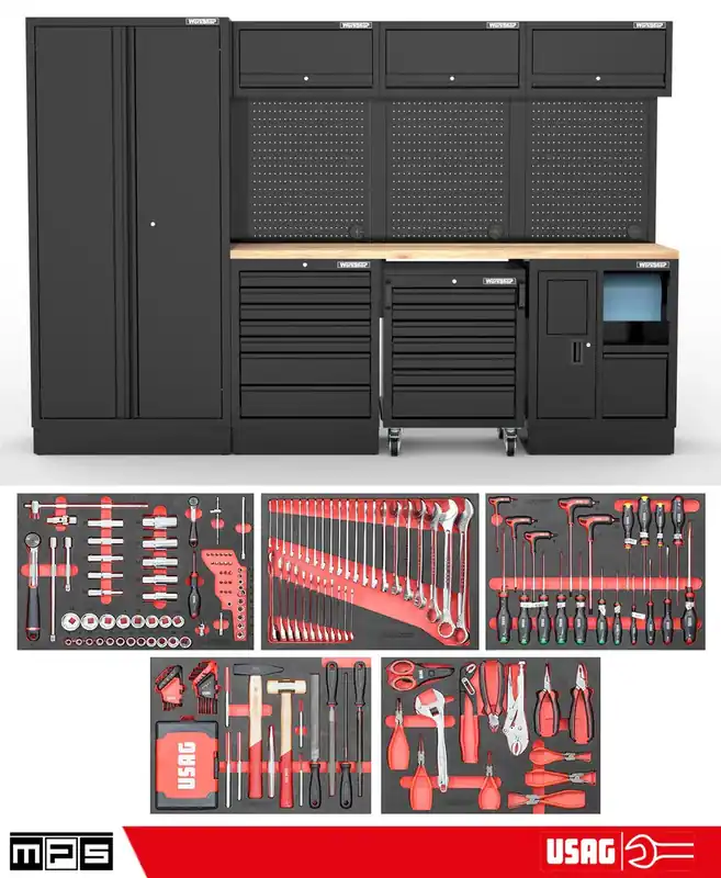 Wochenendangebot Arredo Officina Workshopitaly MPS 05 legno 3mt. Total Black + set 267 utensili Usag PRO