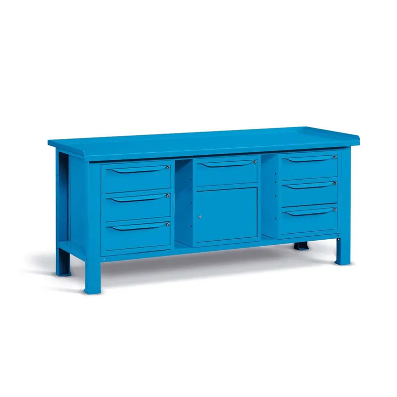 Jetzt Kaufen WORKSHOP WORKBENCH STEEL TOP 2007 x 705 x 855 H - 2 CABINETS 3 DRAWERS + 1 CABINET 1 DRAWER 1 DOOR - FAMI - BLUE