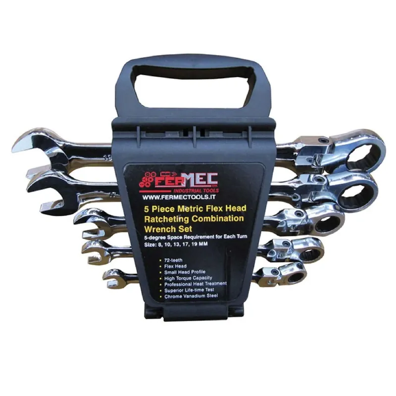 Set of 5 articulated ratchet combination wrenches - Fermec FRW-198 Preisreduziert