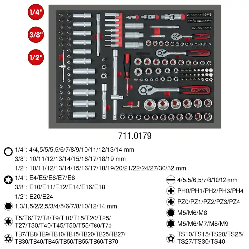1/4"+3/8"+1/2" Steckschlüssel-Satz, 179-tlg in 1/1 Systemeinlage Top-Angebot