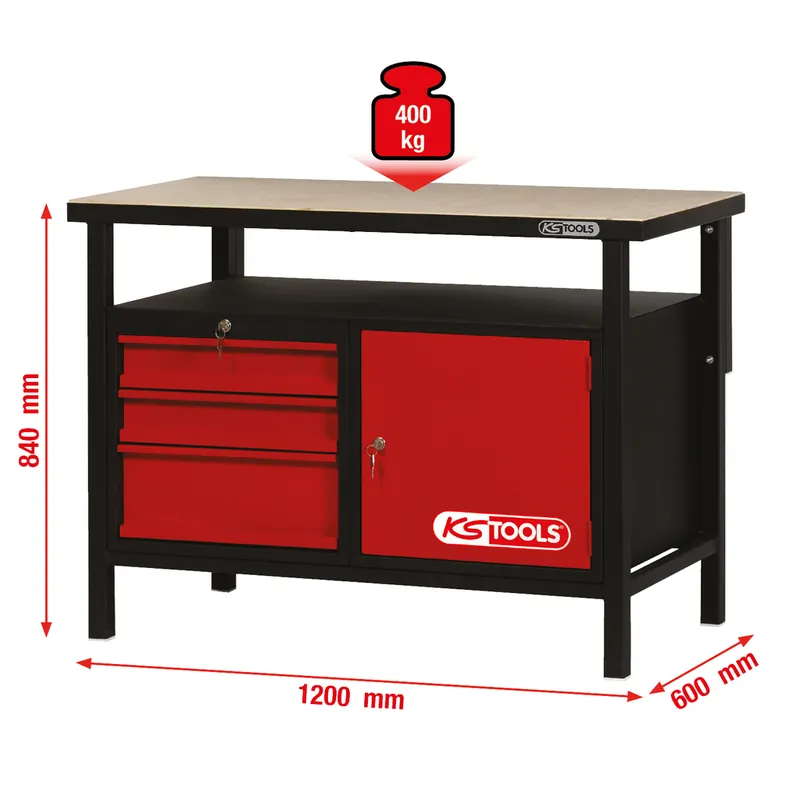 Werkbank mit 3 Schubladen und 1 Tür, H840xB1200xT600mm Rabatt